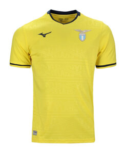 Bright yellow Lazio soccer jersey with Lazio crest on the left chest and Mizuno logo on the right, navy trim at collar and sleeves.