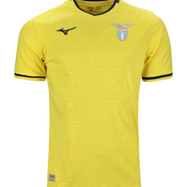 Bright yellow Lazio soccer jersey with Lazio crest on the left chest and Mizuno logo on the right, navy trim at collar and sleeves.