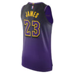 Purple sleeveless basketball jersey with yellow 'JAMES' and number 23 on the back, NBA logo at the neckline.