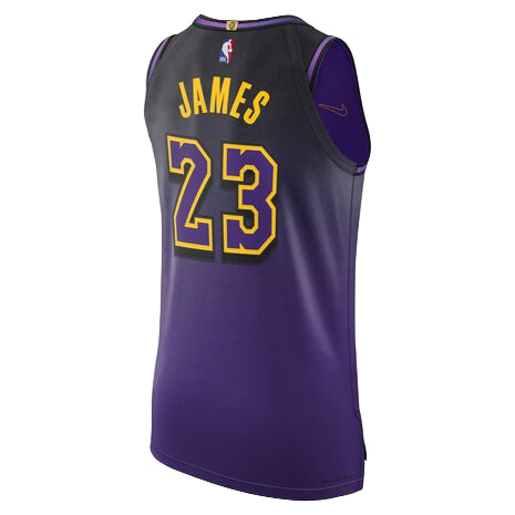 BV-1 Purple sleeveless basketball jersey with yellow 'JAMES' and number 23 on the back, NBA logo at the neckline.