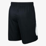 Back view of black athletic shorts with an elastic waistband and a white swoosh logo on the side