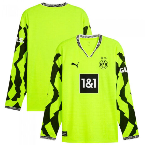 Two neon-yellow Borussia Dortmund goalkeeper jerseys shown from front and back, featuring the BVB crest and the 1&1 sponsor.