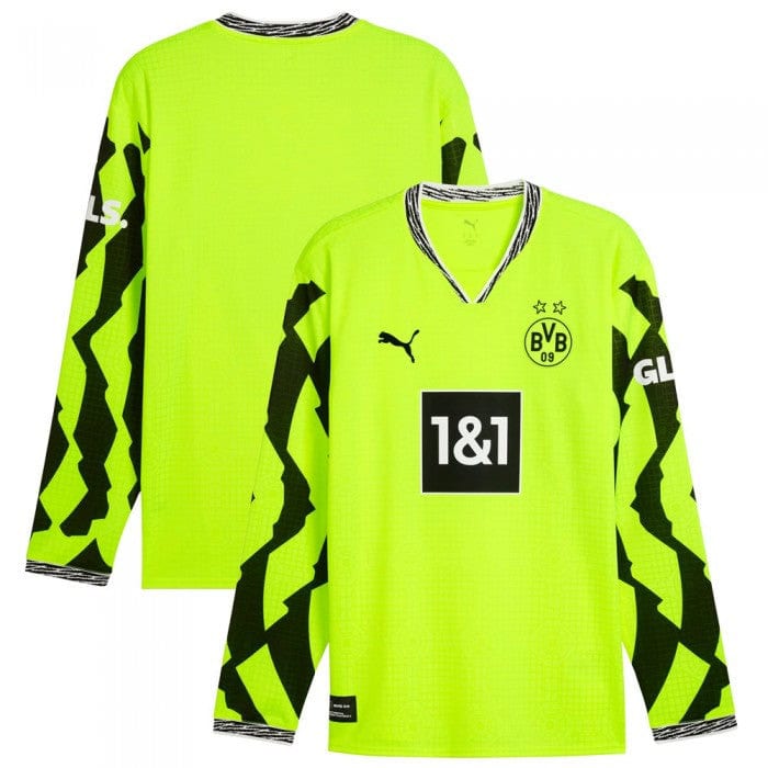 BVB-Anniversary-LS-Culture-Shirt-700x700-1 | UAE SPORT STORE Two neon-yellow Borussia Dortmund goalkeeper jerseys shown from front and back, featuring the BVB crest and the 1&1 sponsor.