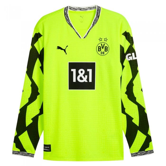BVB-Anniversary-LS-Culture-Shirt-Front-700x700-1 | UAE SPORT STORE Bright neon yellow-green Borussia Dortmund goalkeeper jersey with black zigzag sleeves and striped collar, featuring BVB crest and 1&1 sponsor.