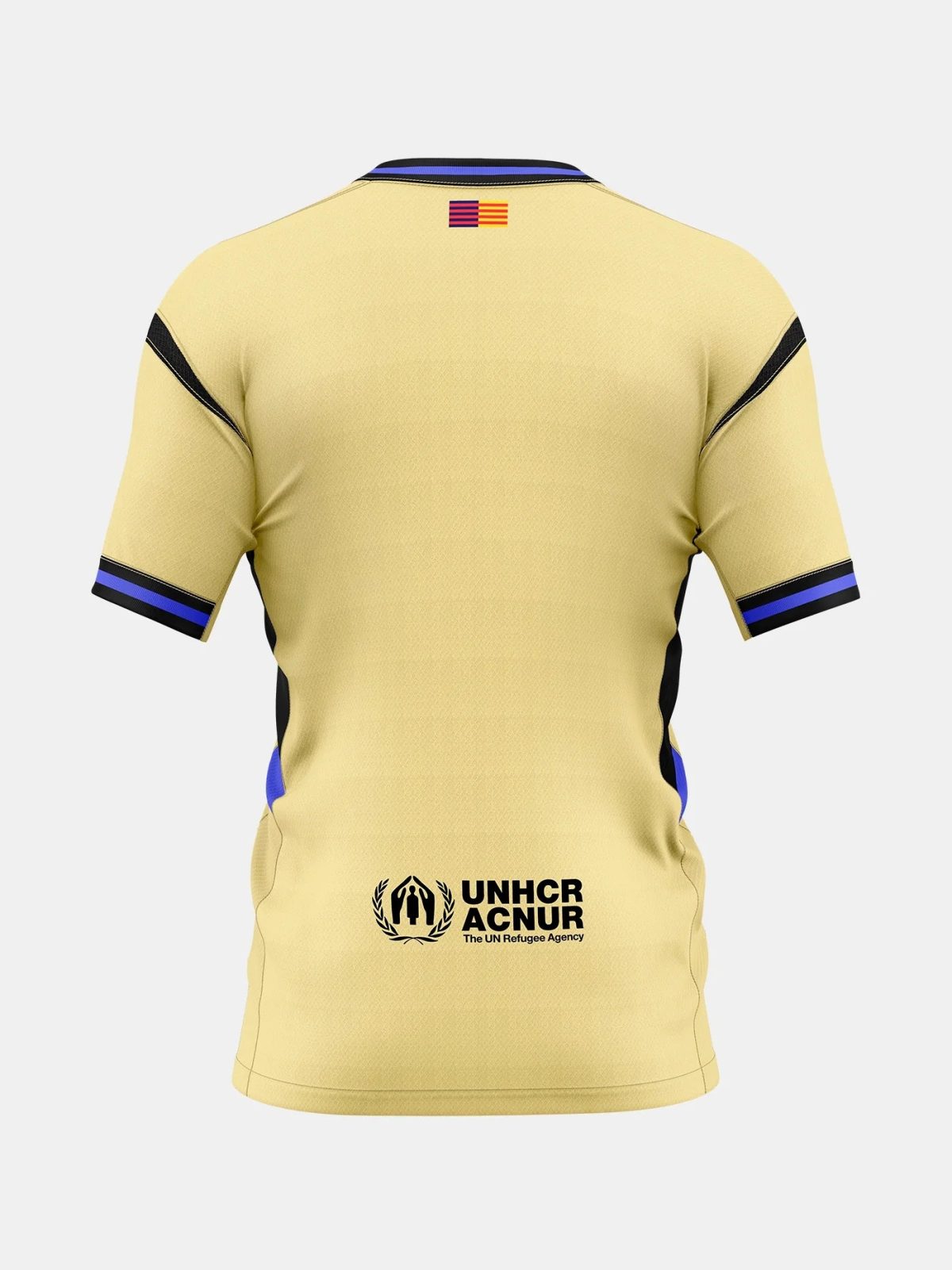 Back view of a pale yellow athletic jersey with a small flag at the neckline and the UNHCR logo on the lower back edge.