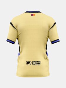 Back view of a pale yellow athletic jersey with a small flag at the neckline and the UNHCR logo on the lower back edge.