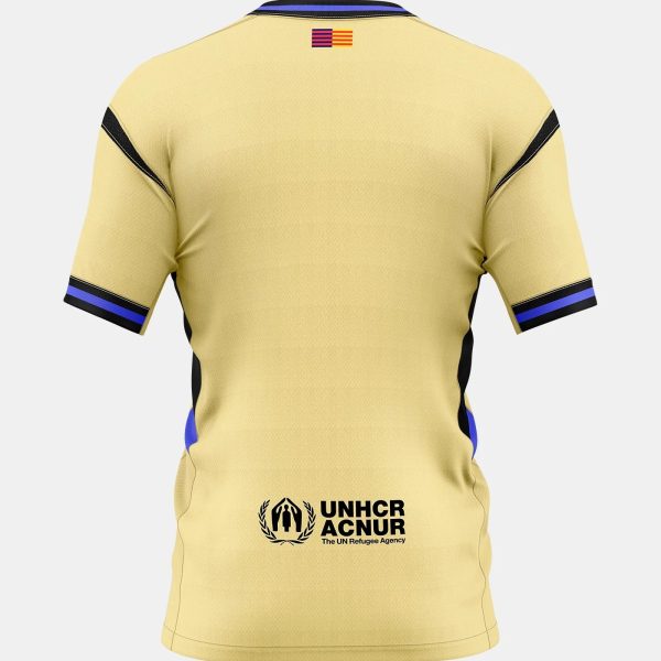 Back view of a pale yellow athletic jersey with a small flag at the neckline and the UNHCR logo on the lower back edge.