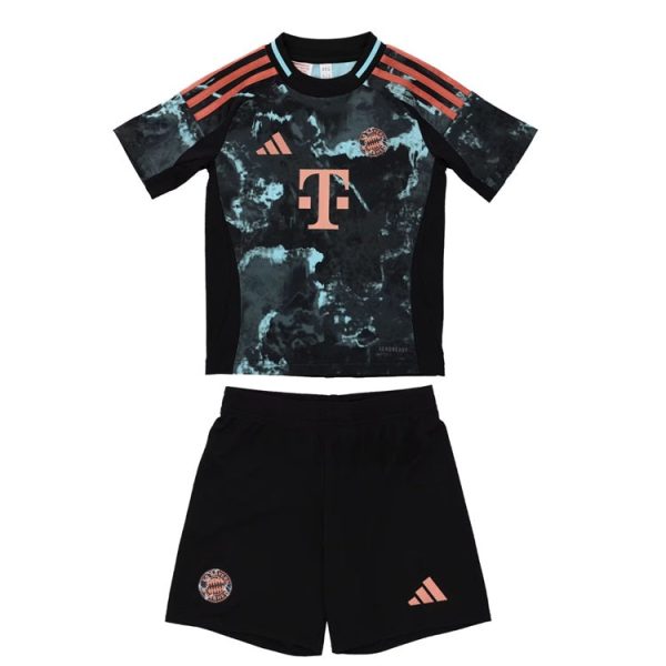 Youth soccer kit: black and teal camo jersey with peach logos and orange stripes, paired with black shorts.