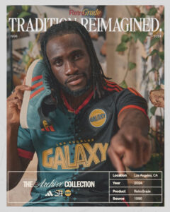 ByZOPGJSFxZAVBB | UAE SPORT STORE Portrait of a man in a Los Angeles Galaxy jersey holding a teal sneaker to his ear, on a RetroGrade magazine cover reading 'Tradition Reimagined' with 'The Archive Collection' title and MLS logos at the bottom.
