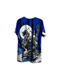 Blue graphic tunic featuring samurai warriors and a dragon in front of a white full moon.