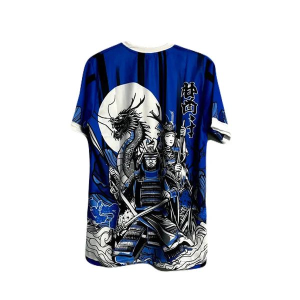 Blue graphic tunic featuring samurai warriors and a dragon in front of a white full moon.