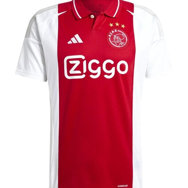 Red Ajax football jersey with white side panels and Ziggo sponsor across chest, featuring club crest and four stars above.