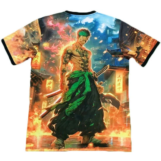 T-shirt with an illustration of Roronoa Zoro standing in a fiery city, green sash and swords at his side.