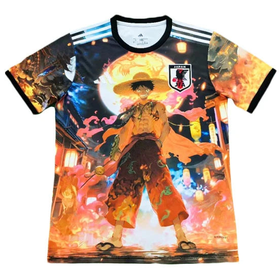 Colorful graphic T-shirt featuring Monkey D. Luffy in a fiery street scene, with a JFA patch on the chest.