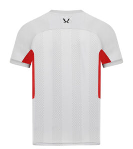 White soccer jersey with subtle vertical stripes, red side panels, and a small black logo on the back neck.