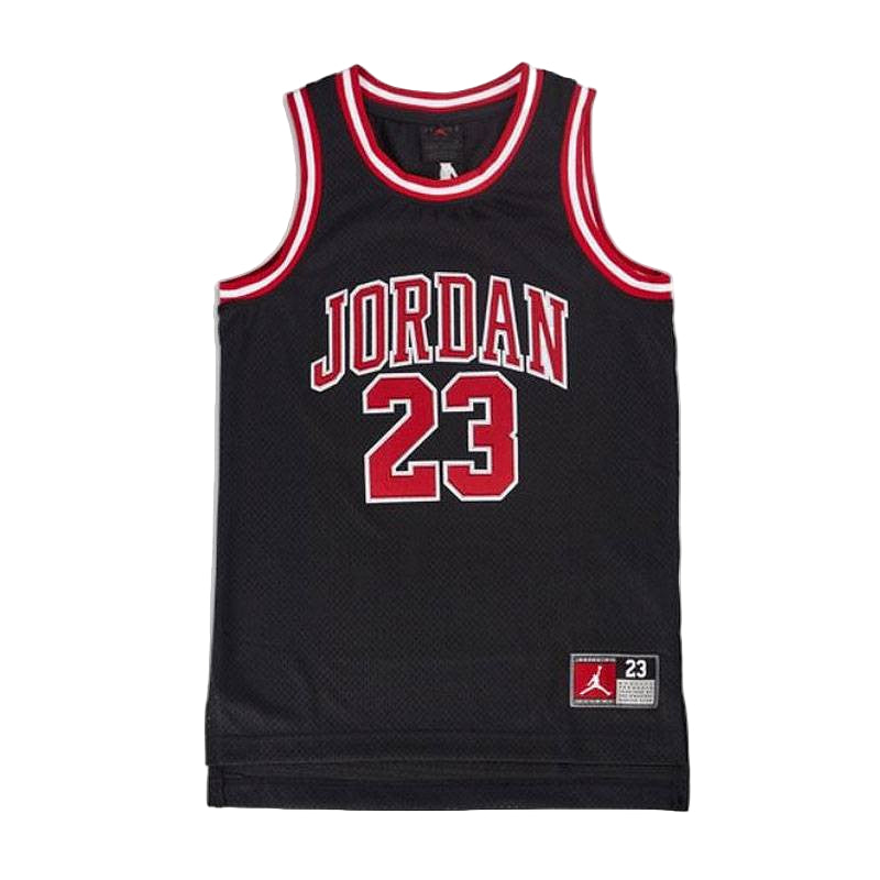 CV Black basketball jersey with red-white trim, front reads JORDAN 23 in bold letters and numbers