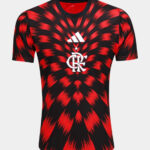 Red and black tie-dye Flamengo soccer jersey with white Adidas logo on the chest and club crest in the center.