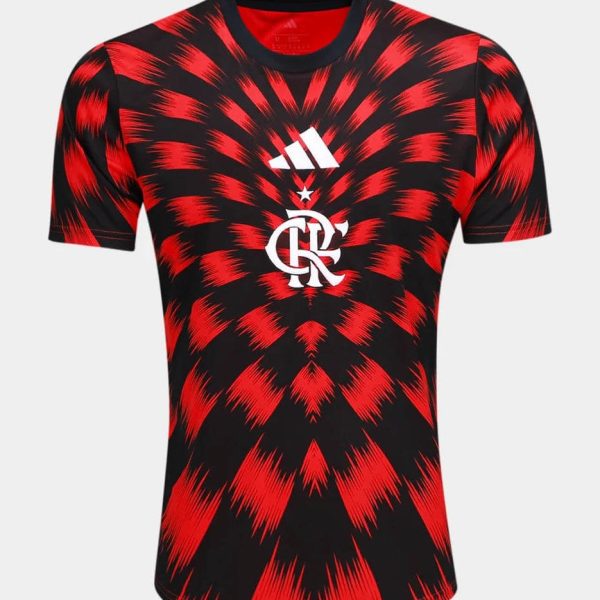 Red and black tie-dye Flamengo soccer jersey with white Adidas logo on the chest and club crest in the center.