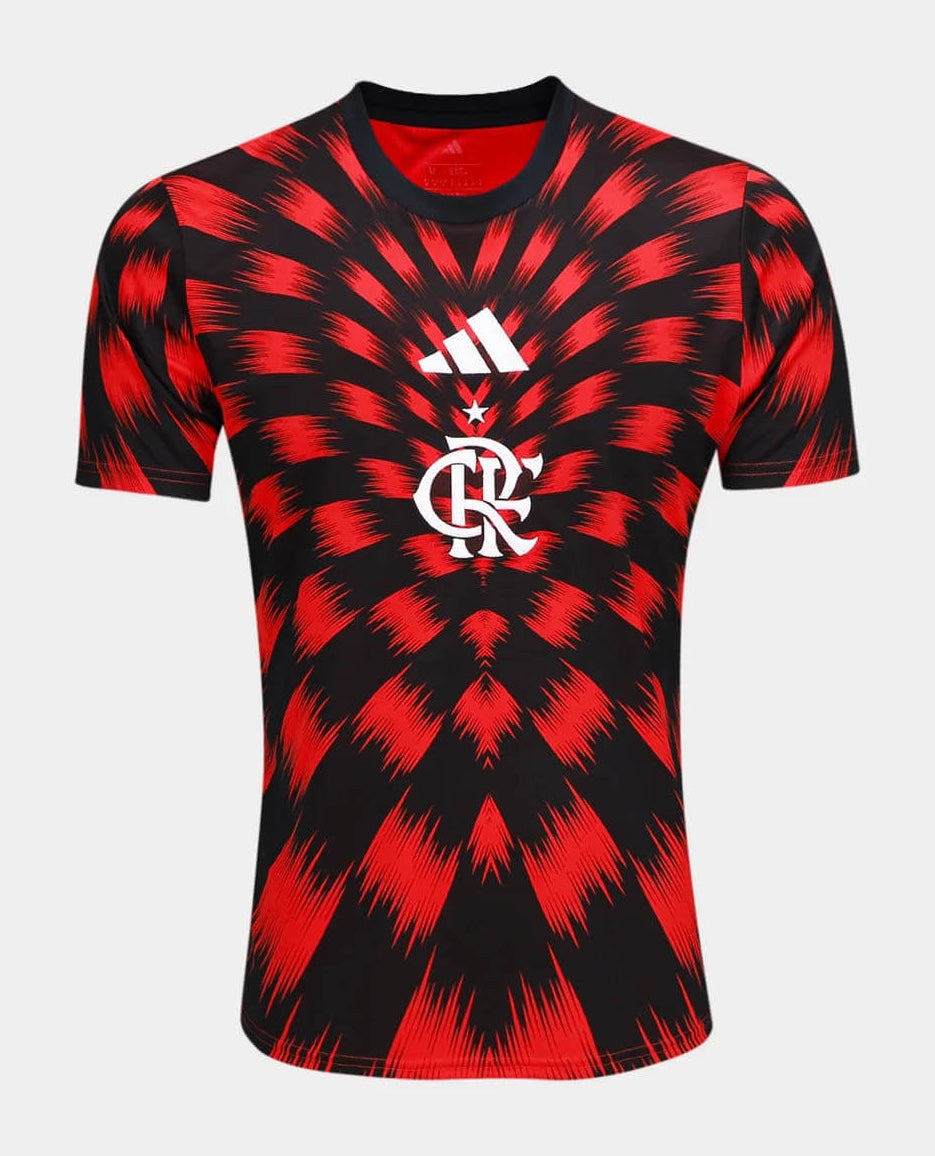 CaPZlvjw9nH6quT Red and black tie-dye Flamengo soccer jersey with white Adidas logo on the chest and club crest in the center.