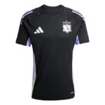 Black Colo-Colo soccer jersey with Adidas logo, purple side panels, and crest on the left chest area.