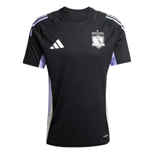 Black Colo-Colo soccer jersey with Adidas logo, purple side panels, and crest on the left chest area.