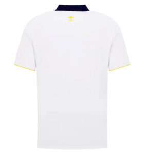 Back view of a white polo shirt with a navy collar, yellow sleeve trim, and a small yellow crest on the upper back.