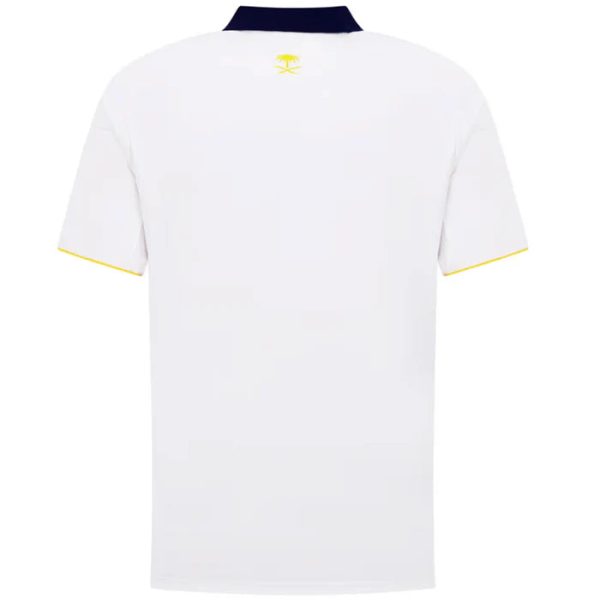 Back view of a white polo shirt with a navy collar, yellow sleeve trim, and a small yellow crest on the upper back.