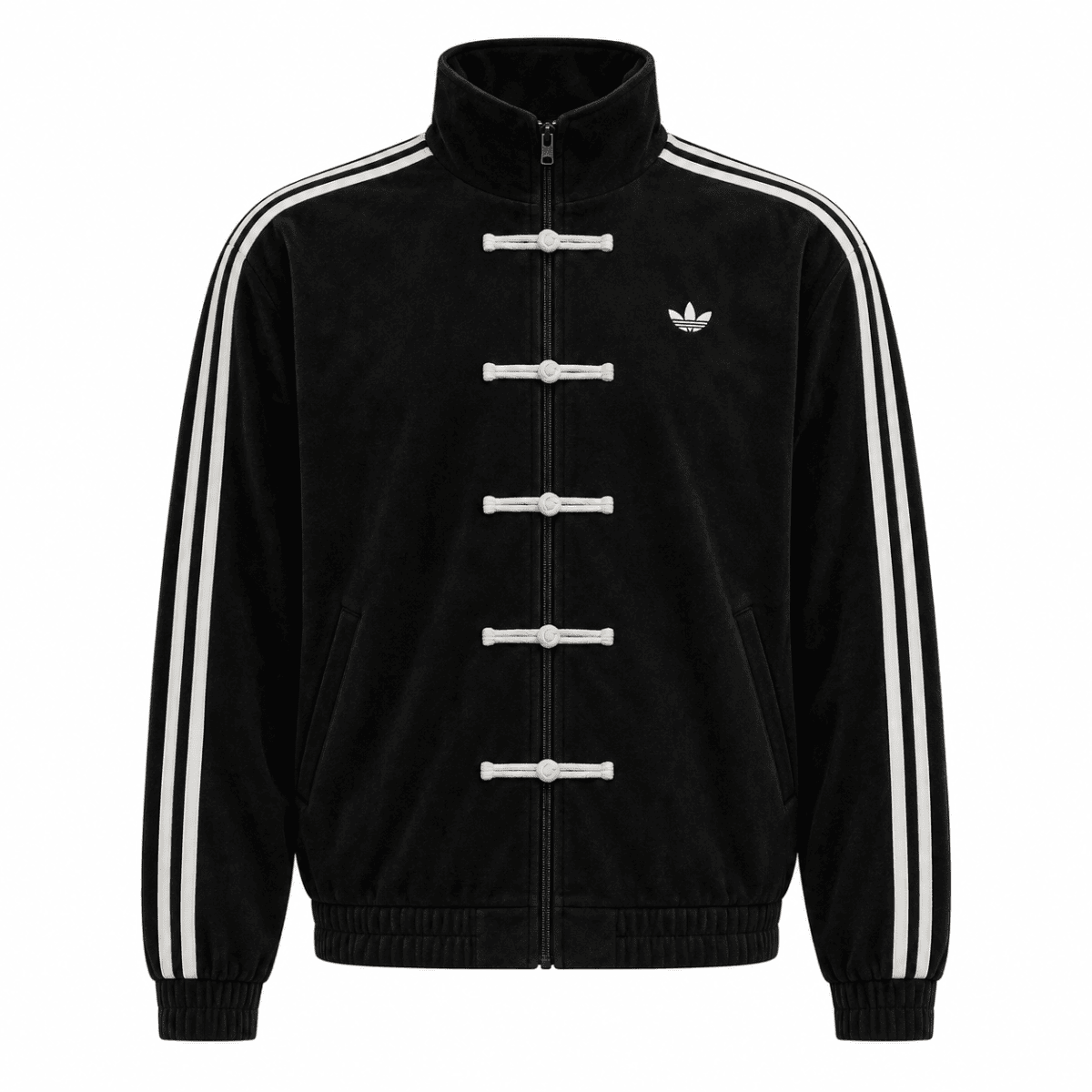 Black Adidas casual jacket with white stripes and trefoil logo.