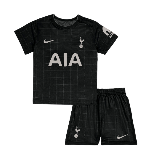 Tottenham Hotspur black grid-pattern youth soccer jersey and shorts with AIA sponsor and Nike logos.