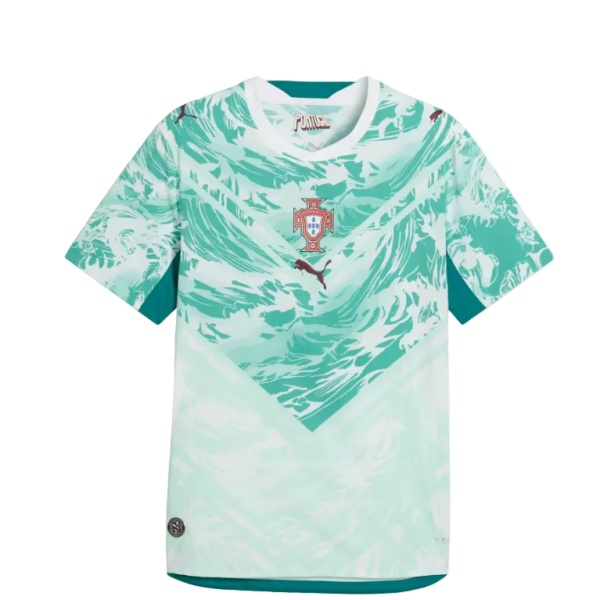 Portugal national soccer jersey with mint green abstract pattern, crest on chest and Puma logo