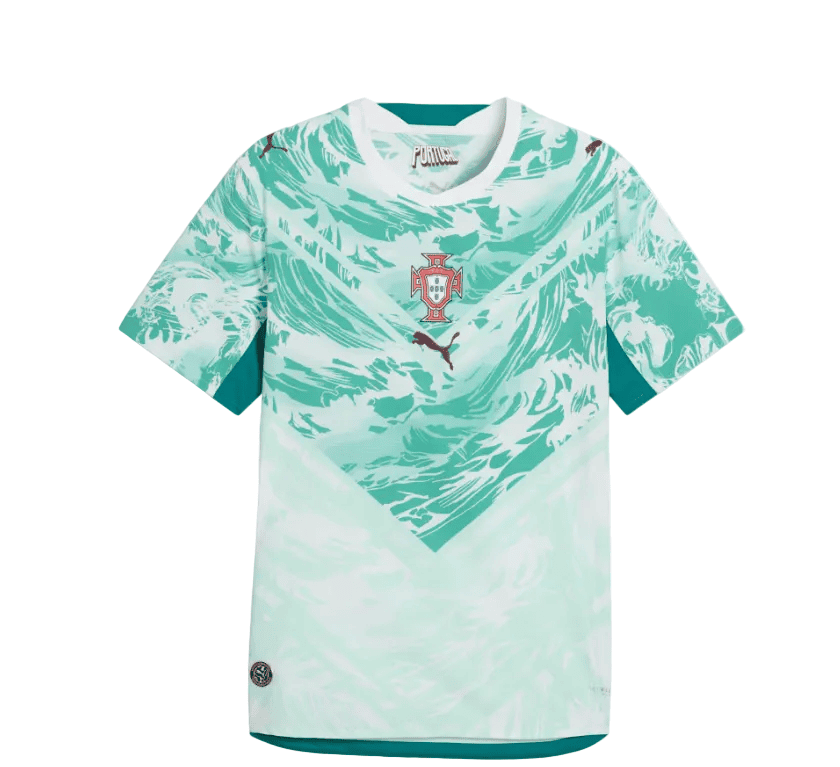 Capture_b635eb1f-d9d7-455d-a49f-2ae8f2b858d0 | UAE SPORT STORE Portugal national soccer jersey with mint green abstract pattern, crest on chest and Puma logo