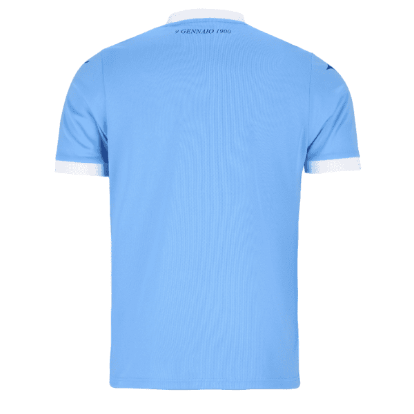 Back view of a light blue polo shirt with white collar and sleeve cuffs, shown from behind.