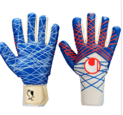 Pair of blue goalkeeper gloves with white wrist straps; one glove features white crisscross lines, the other red crisscross lines and a red logo.