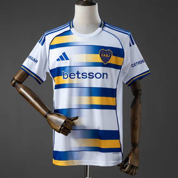White soccer jersey on a mannequin featuring blue and yellow horizontal stripes, a team crest on the chest, and 'betsson' sponsor across the front; Adidas logo on the right side and blue/yellow trim on sleeves and hem; suitable for a sports uniform listing.