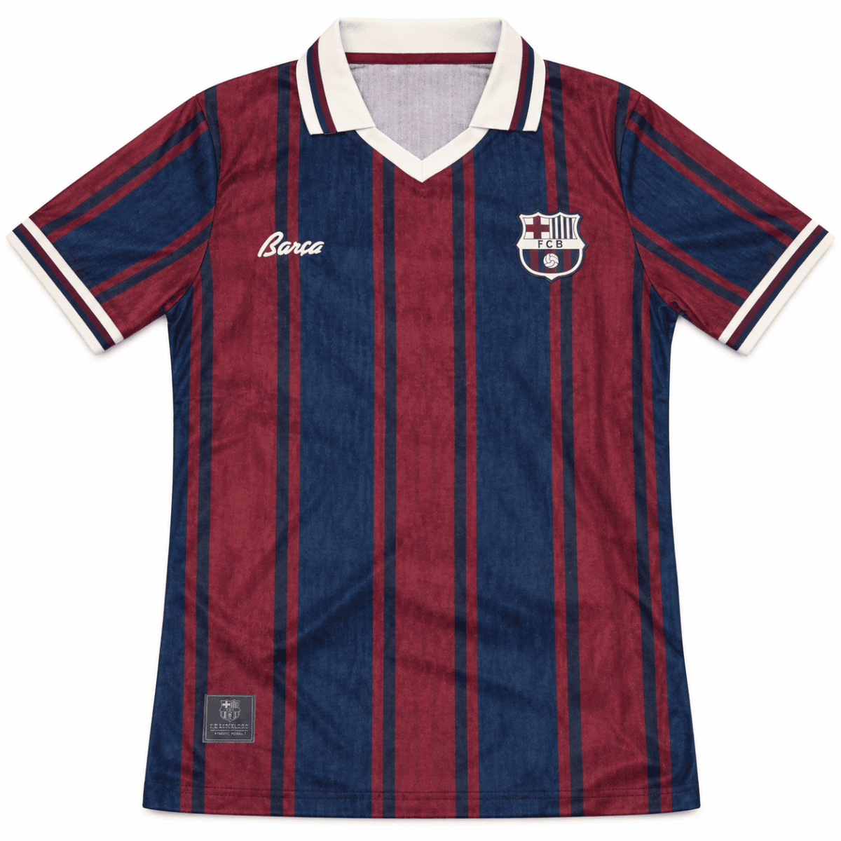 Barcelona 125th anniversary jersey with red and blue vertical stripes.