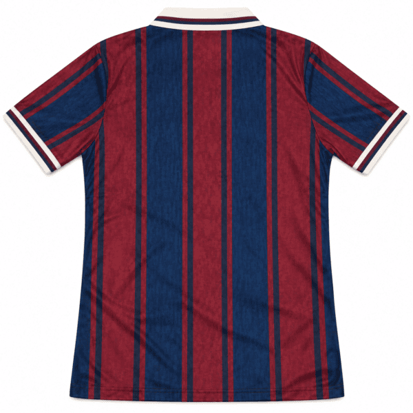 Barcelona 125th anniversary jersey with red and blue vertical stripes.