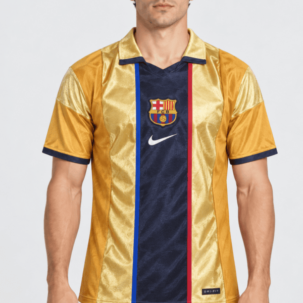 ChatGPT Image Sep 16 2026 08_04_29 PM 1 - UAE SPORT STORE Barcelona home jersey 2001/2002 season with gold and blue colors and club crest.