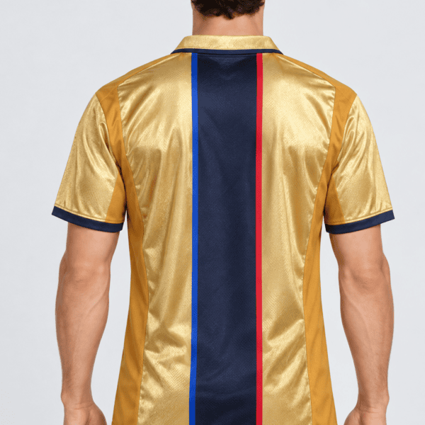 Barcelona home classic 2001/2002 jersey with gold, blue, and red vertical stripes.
