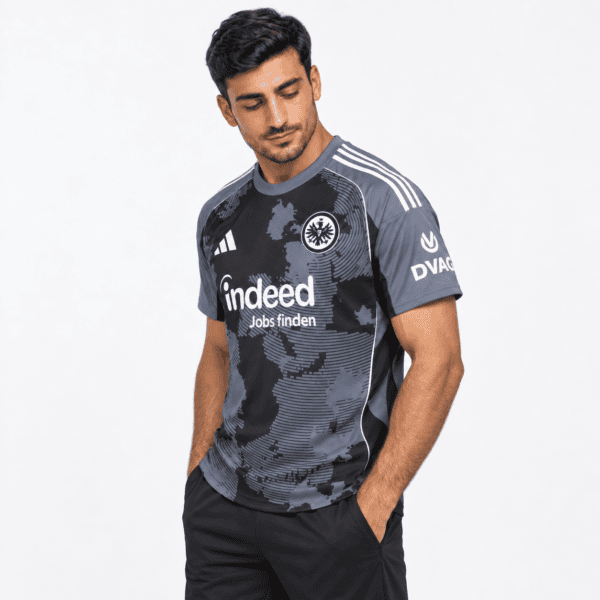 Eintracht Frankfurt third football jersey 2025/26 with black and gray camouflage design.