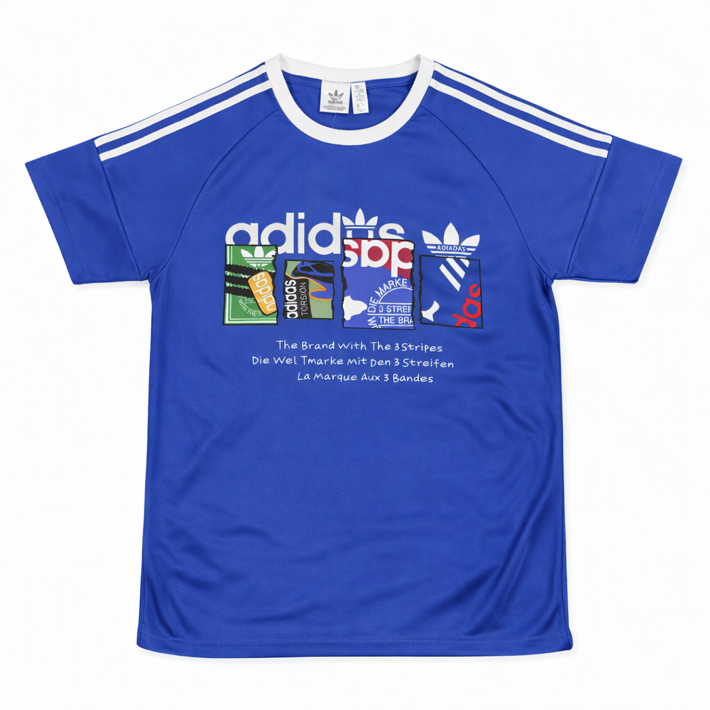 ChatGPT_Image_Jan_13_2026_07_27_59_PM Blue Adidas t-shirt with white triple stripes on the shoulders and a multicolored logo collage across the chest.