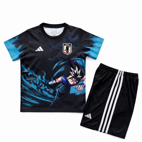 Black and blue Japan national team-inspired kids' soccer jersey with an anime character print and matching black shorts with white stripes and Adidas logo on the sleeve and leg.