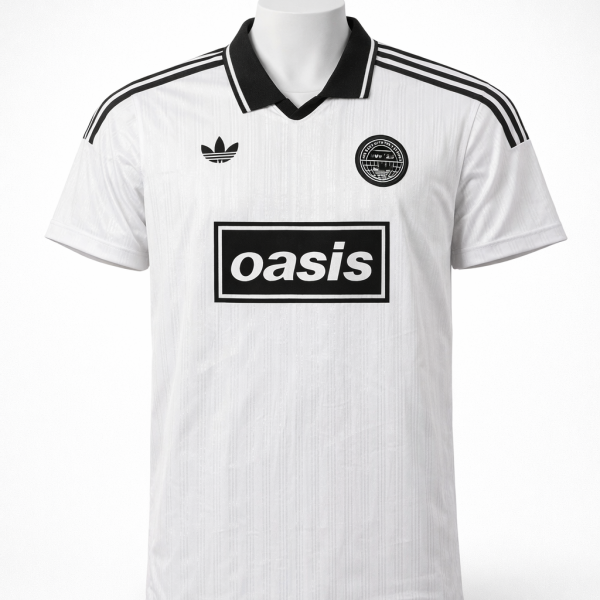 White Adidas soccer jersey with black stripes on shoulders, 'oasis' sponsor logo in the center, and crest on the chest.