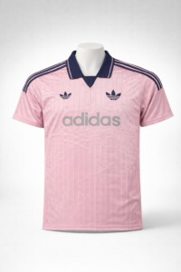Pink Adidas jersey with navy collar, three navy stripes on shoulders, trefoil logos, and large 'adidas' branding across the chest.