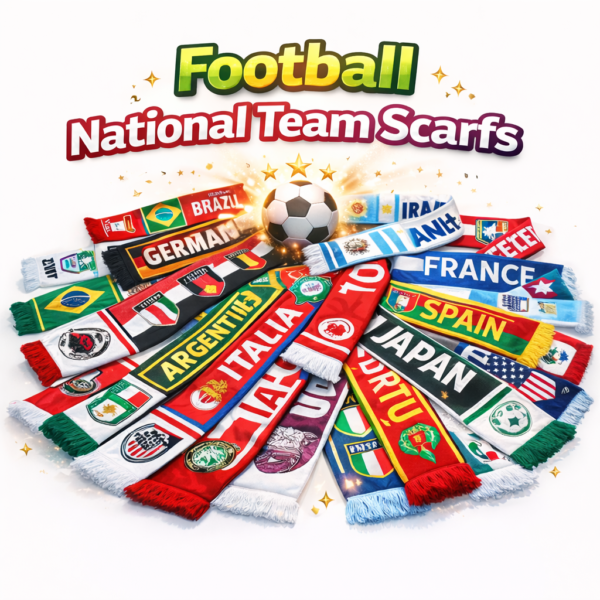 Colorful football scarves from various national teams arranged in a circle around a soccer ball, with the title 'Football National Team Scarfs' above them.