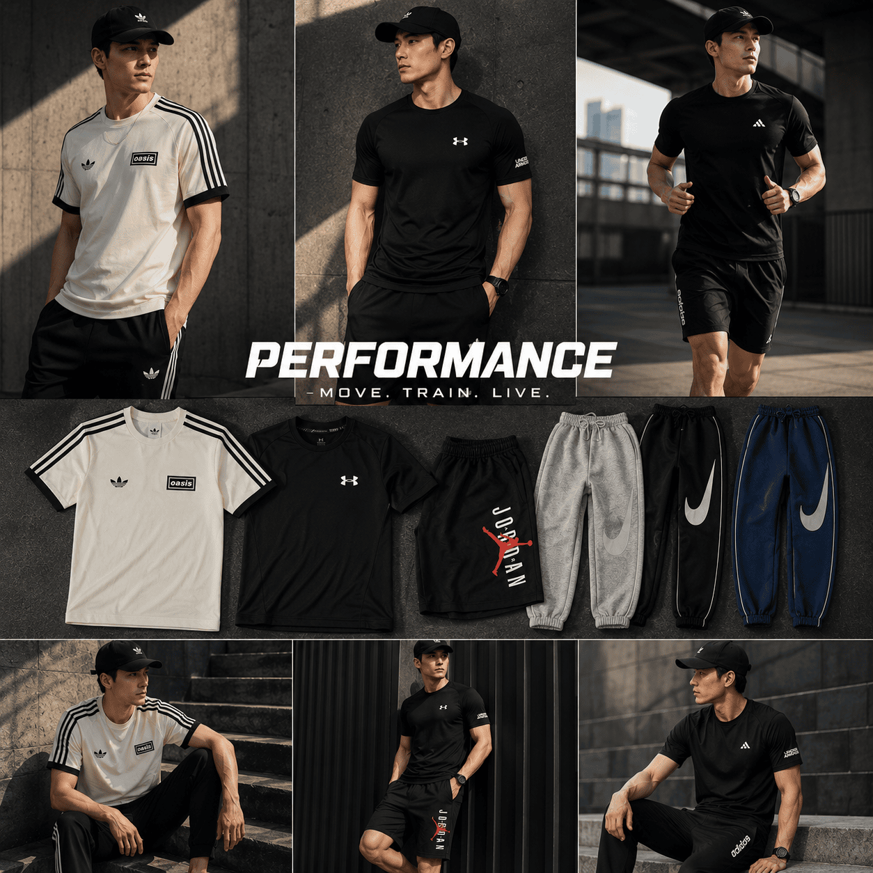 Collage of men's athletic wear: beige and black tees, black shorts, and joggers from adidas and Under Armour for a performance look.