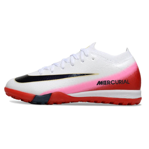 White Nike Mercurial soccer cleat with a black swoosh, pink gradient heel, and red outsole.