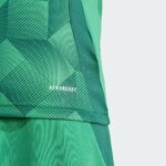 Close-up of green athletic fabric with a diagonal geometric pattern and the brand name AEROREADY visible at the bottom left.