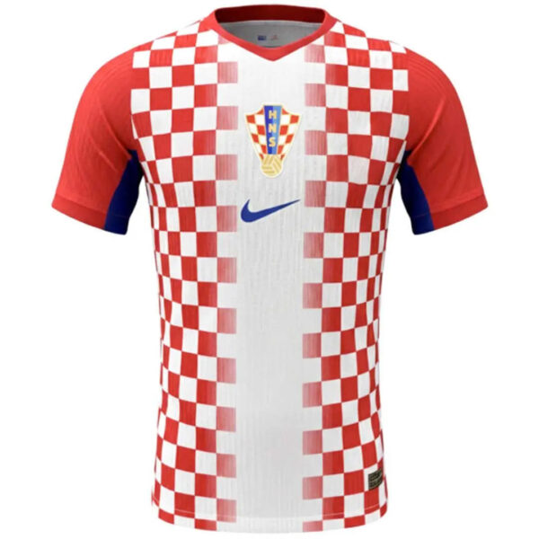 Croatia national soccer jersey with red-and-white checker pattern, crest at chest, blue Nike swoosh, red sleeves.