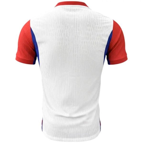Back view of a white athletic jersey with red sleeves and blue side panels in blue accents.