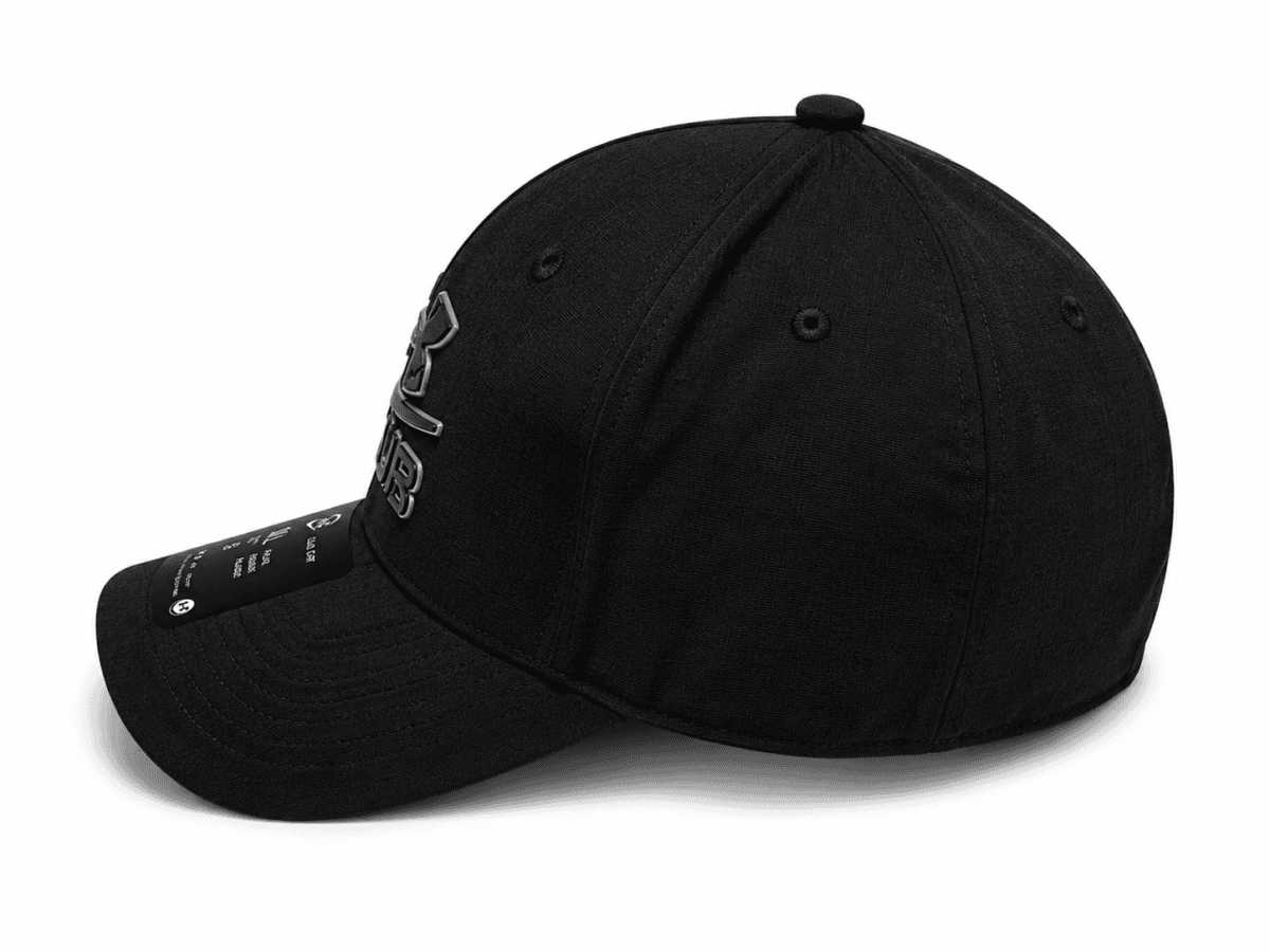 Black baseball cap with a silver metal logo on the front panel and curved brim.